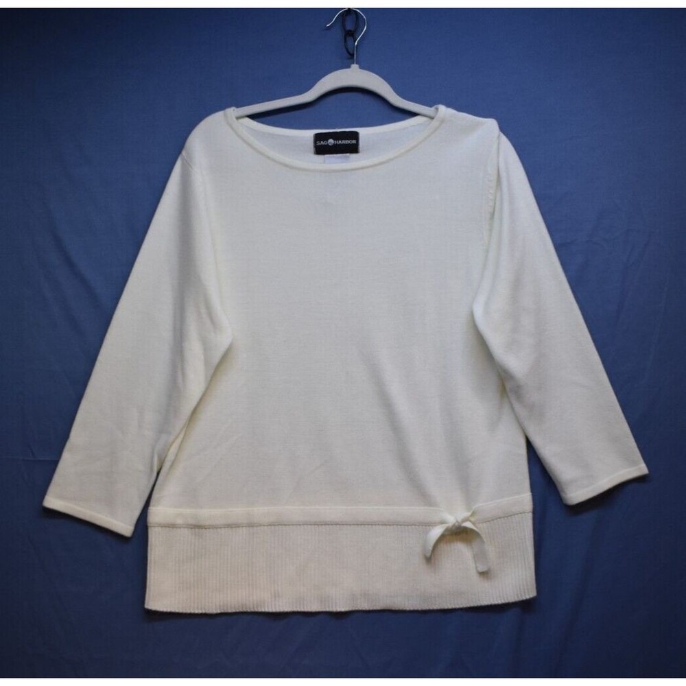 Vintage Sag Harbor Off White Acrylic Pullover Sweater With Tie Accent Size Large